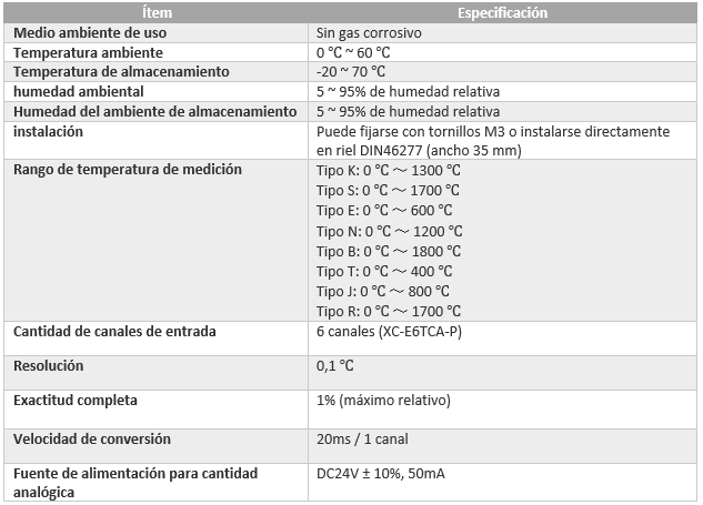 Tabla de especificaciones técnicas del módulo de control de temperatura por termocupla XC-E6TCA-P