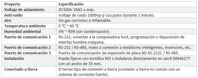 Tabla de especificaciones básicas del PLC XC3-R14-E-S